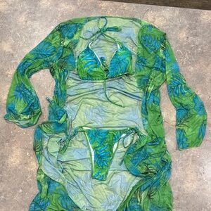 Tropical Leaf Print Bikini Set with Cover-Up